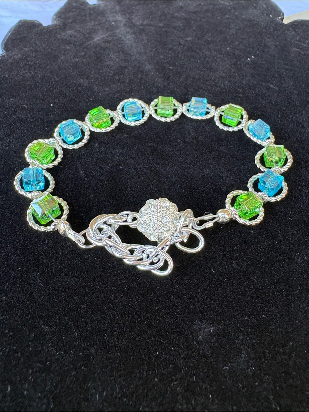 Handcrafted Swarovski Crystal Cube Link Bracelet Magnetic Clasp Green Blue